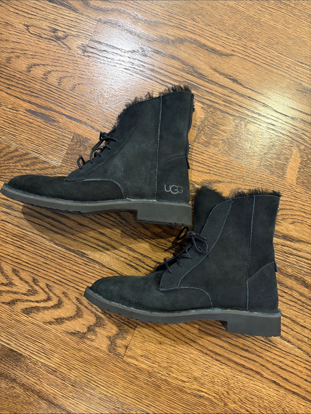 UGG Black Suede Lace-Up Shearling Ankle Boots, 6.5